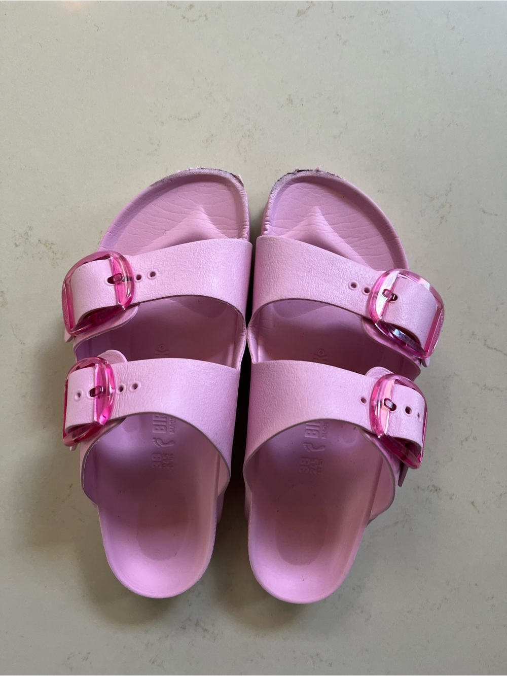 Birkenstock Pink Double-Strap Slide with Clear Buckles, 38 waterproof